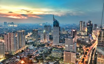 City skyline at sunset, Jakarta, Indonesia